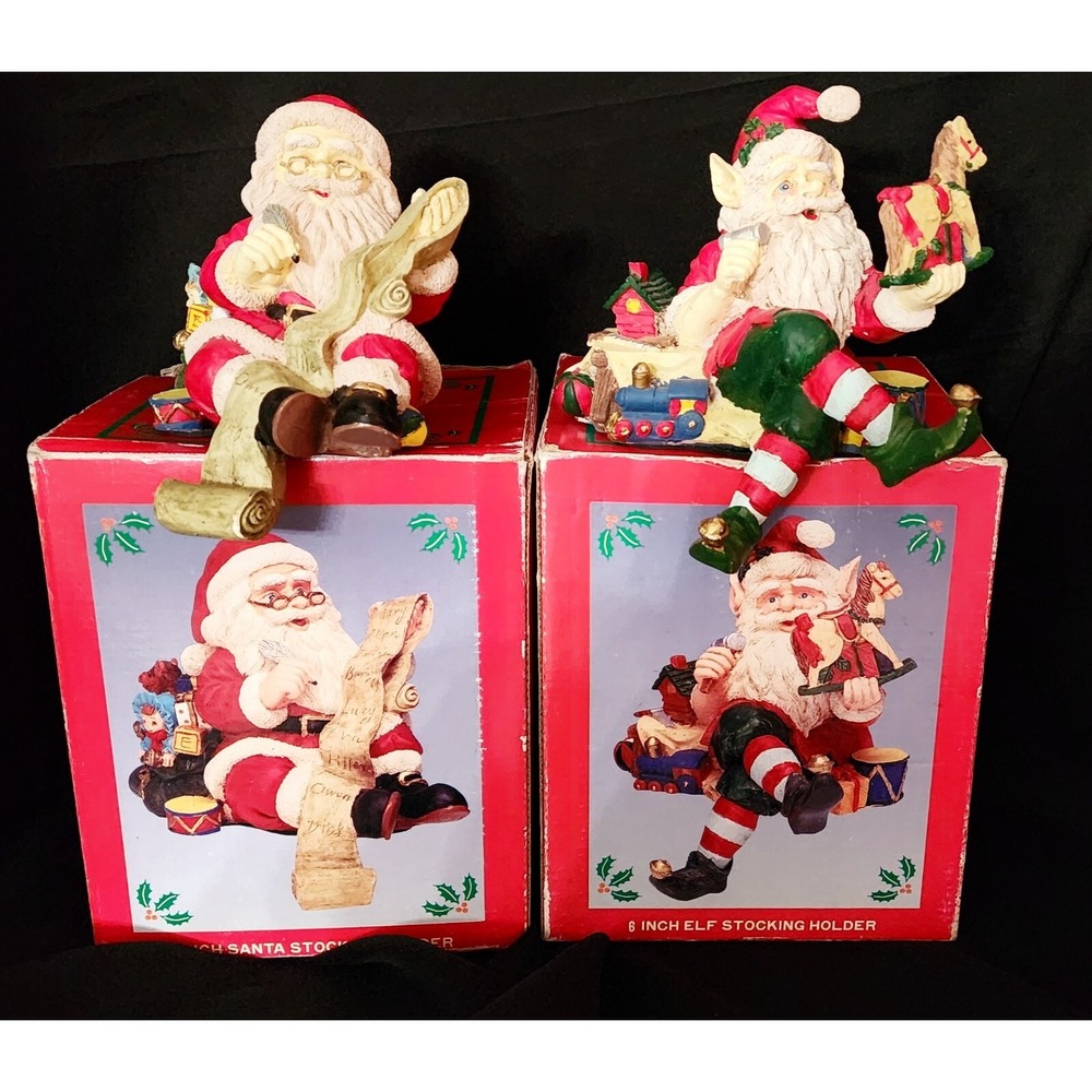 Vtg Rare Resin Christmas Holiday Santa & Elf Mantel Stocking Hangers 2 In Boxes